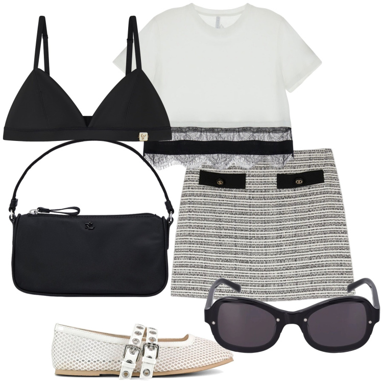 Outfit donna - Total look. Stile Trendy per Tutti i giorni. Abbinamento con t-shirt, reggiseni, pochette, ballerine, occhiali da sole, minigonne.