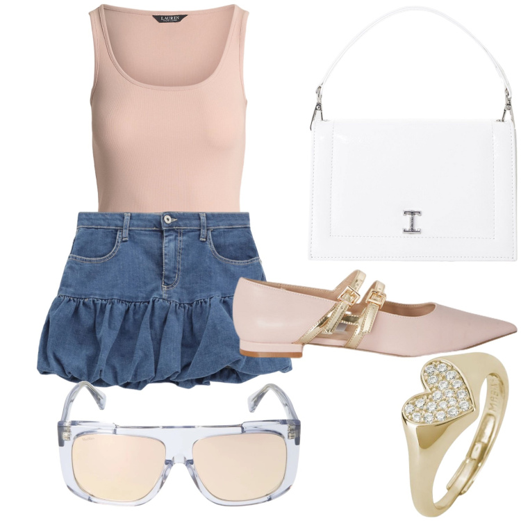 Outfit donna - Total look. Stile Sporty chic per Tutti i giorni. Abbinamento con anelli, minigonne, borse a tracolla, canottiere, occhiali da sole, ballerine.