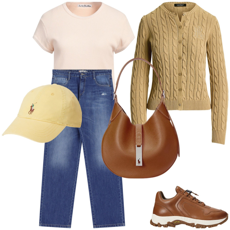 Outfit donna - A spasso con amici. Stile Trendy per Tutti i giorni. Abbinamento con t-shirt, jeans dritti, sneakers, cardigans, borse a spalla, cappelli.