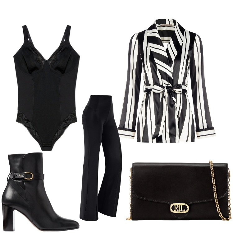 Outfit donna - In riga. Stile Chic per Ufficio. Abbinamento con blazer, pantaloni, borse a tracolla, stivaletti, body.