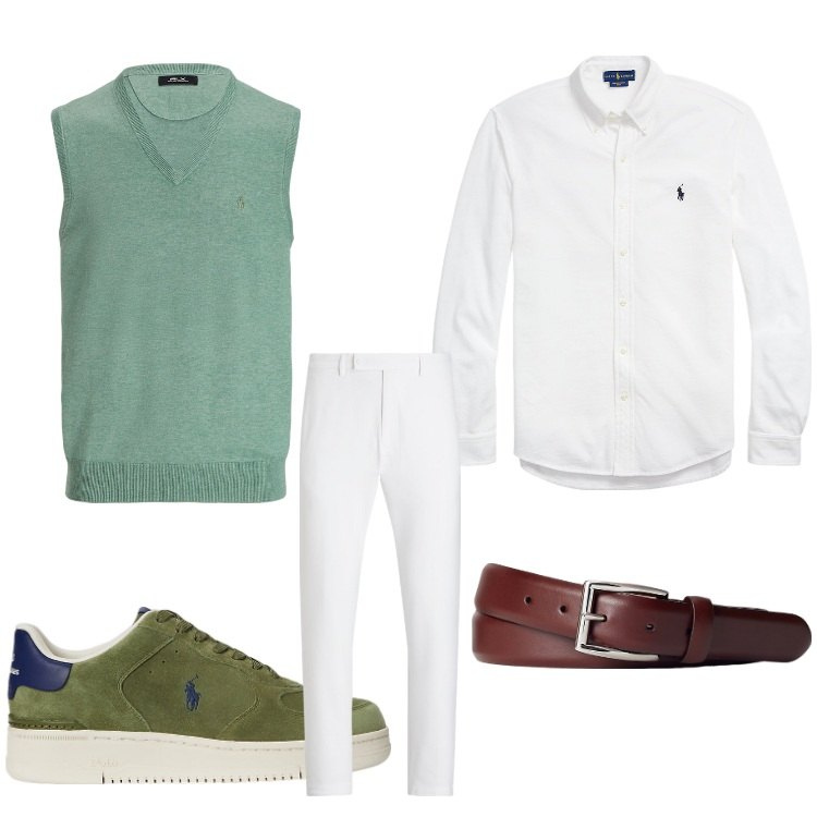 Outfit uomo - Cintura e gilet. Stile Casual per Ufficio. Abbinamento con camicie, cinture, sneakers, maglieria, pantaloni.