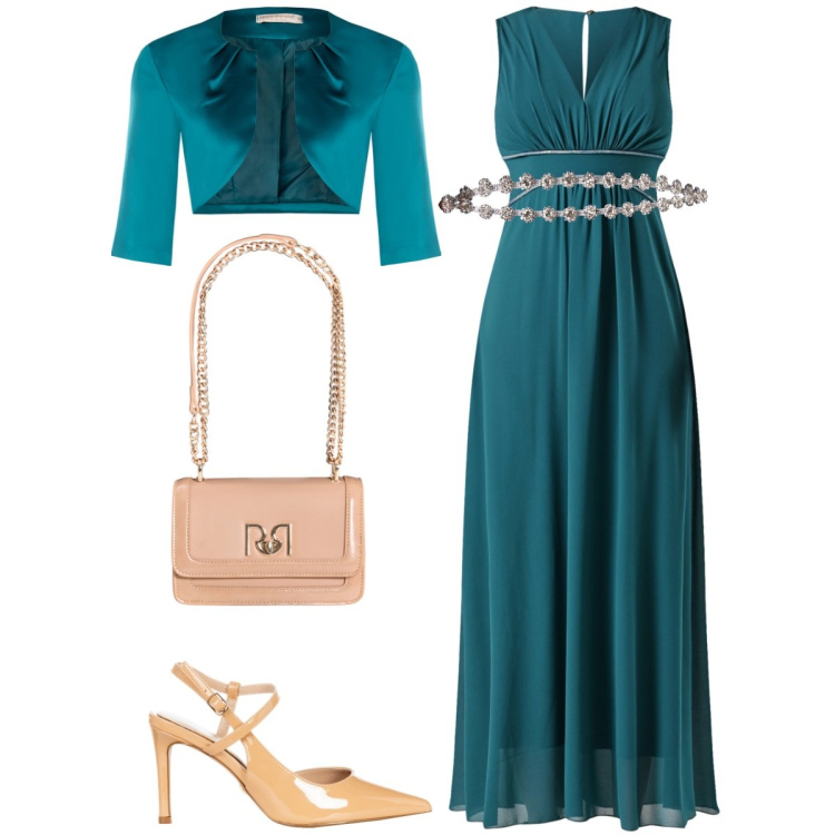 Outfit donna - Total look #2103278. Stile Glamour per Cerimonia. Abbinamento con vestiti lunghi, bolero, décolleté, borse a tracolla, cinture.