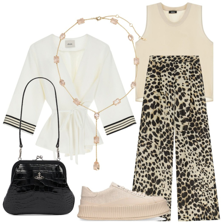 Outfit donna - Sera casual chic. Stile Casual chic per Serata fuori. Abbinamento con pantaloni a palazzo, top, blazer, collane, pochette, sneakers.