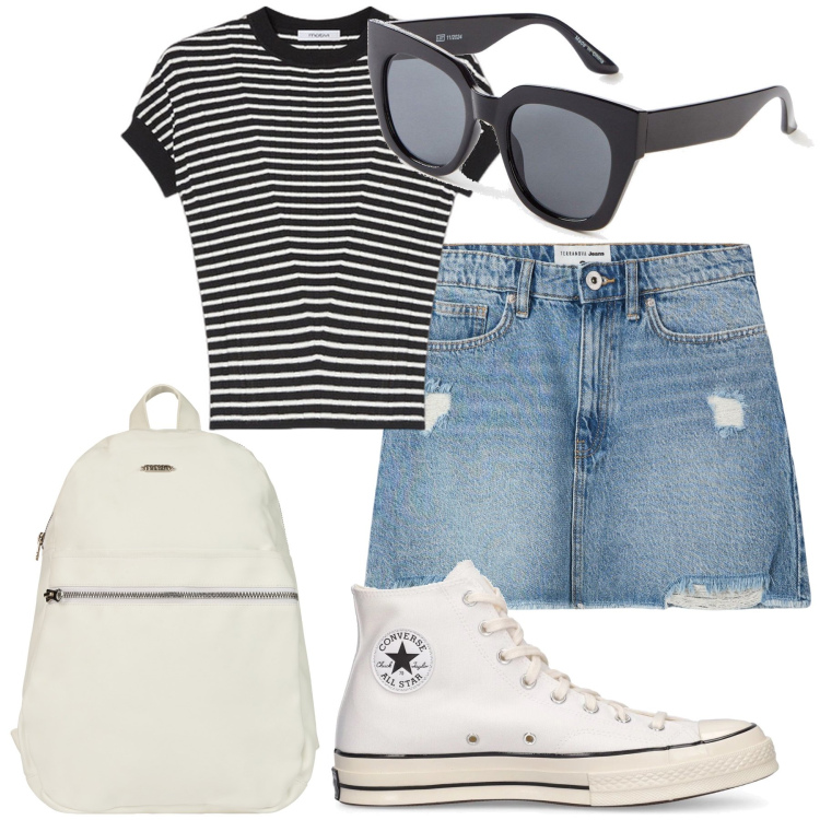 Outfit donna - Ragazze. Stile Preppy per Tutti i giorni. Abbinamento con occhiali da sole, minigonne, zaini, sneakers, maglieria.