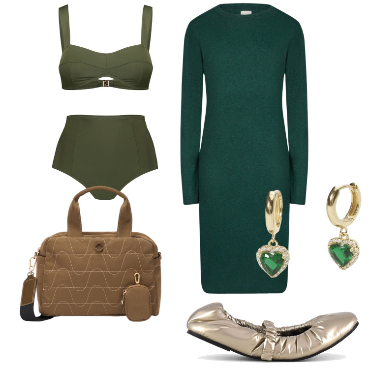 Outfit donna - Timidamente verso la spiaggia. Stile Trendy per Mare. Abbinamento con orecchini, bikini, vestiti midi/longuette, ballerine, borse a mano.