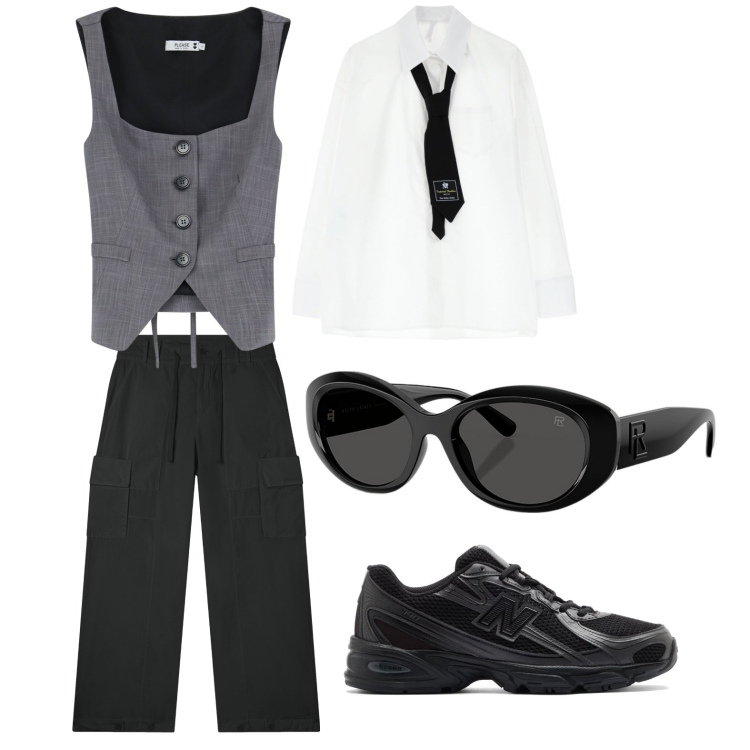 Outfit donna - Total look #2103302. Stile Trendy per Serata fuori. Abbinamento con sneakers, gilet, camicie, pantaloni cargo, occhiali da sole.