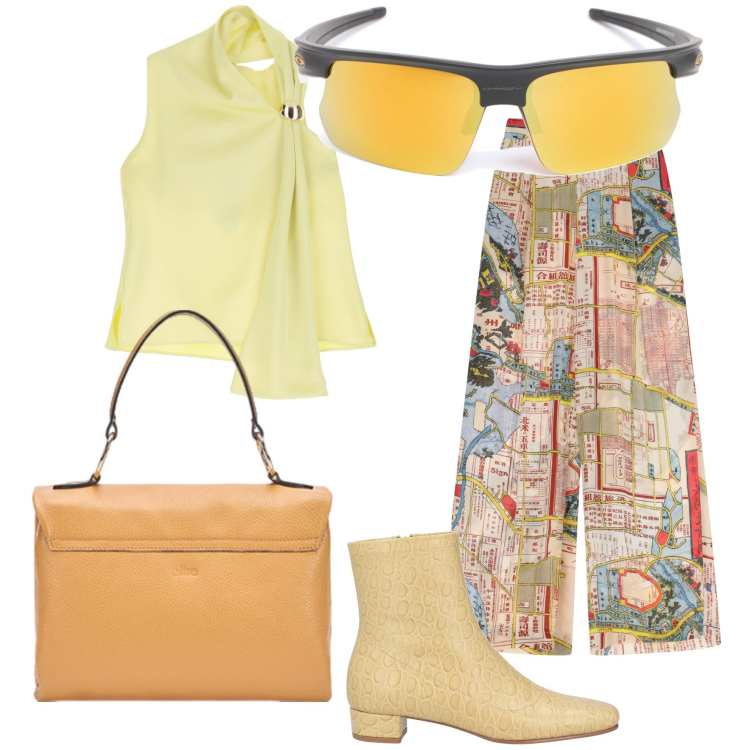 Outfit donna - Centro città. Stile Glamour per Tutti i giorni. Abbinamento con stivaletti, top, pantaloni a palazzo, occhiali da sole, borse a cartella.