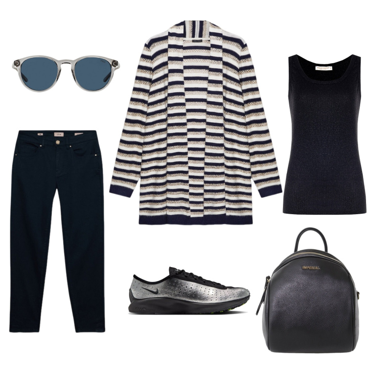 Outfit donna - Passeggiata in città. Stile Casual Abbinamento con canottiere, zaini, occhiali da sole, cardigans, sneakers, pantaloni skinny.