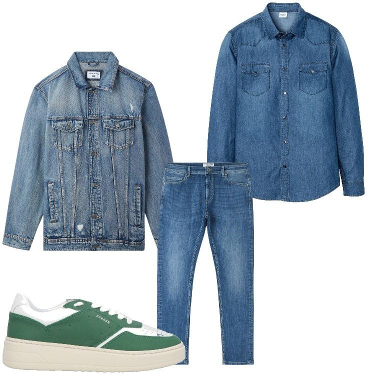 Outfit uomo - Tutto jeans. Stile Casual per Tutti i giorni. Abbinamento con camicie, sneakers, giacche, jeans skinny.