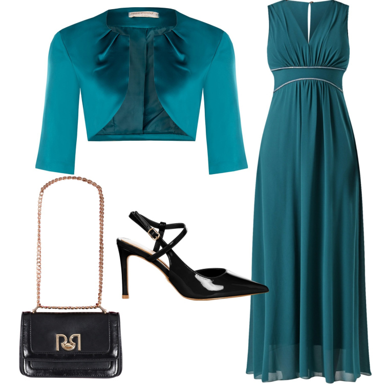 Outfit donna - Cerimonia in verde. Stile Chic per Cerimonia. Abbinamento con vestiti lunghi, bolero, décolleté, borse a tracolla.