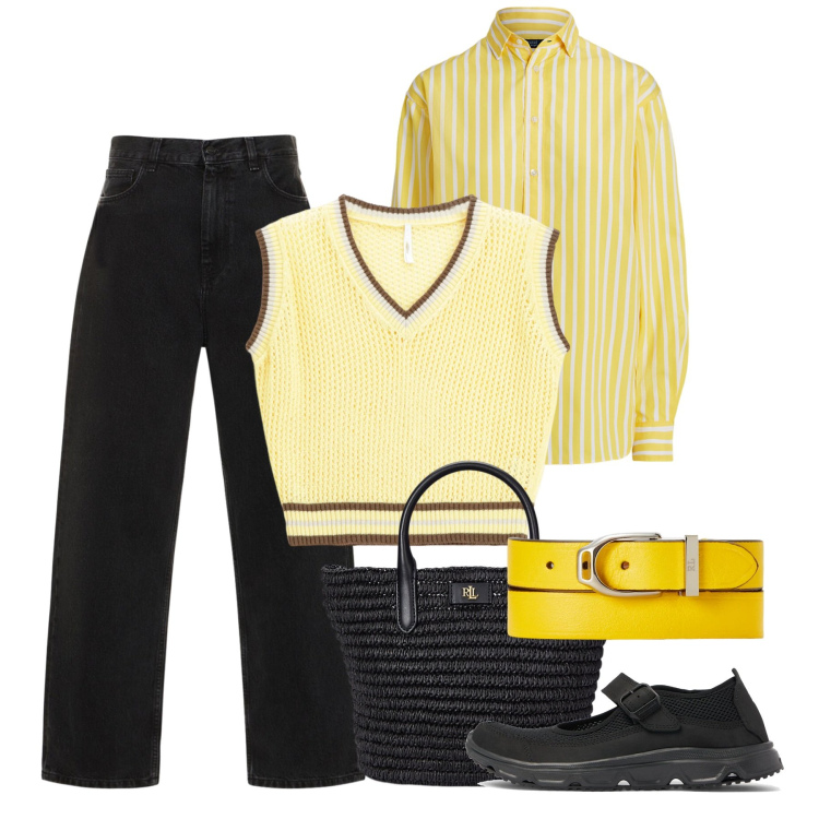 Outfit donna - Giallo aprile. Stile Basic per Tutti i giorni. Abbinamento con maglieria, camicie, braccialetti, borse tote, jeans, sneakers.