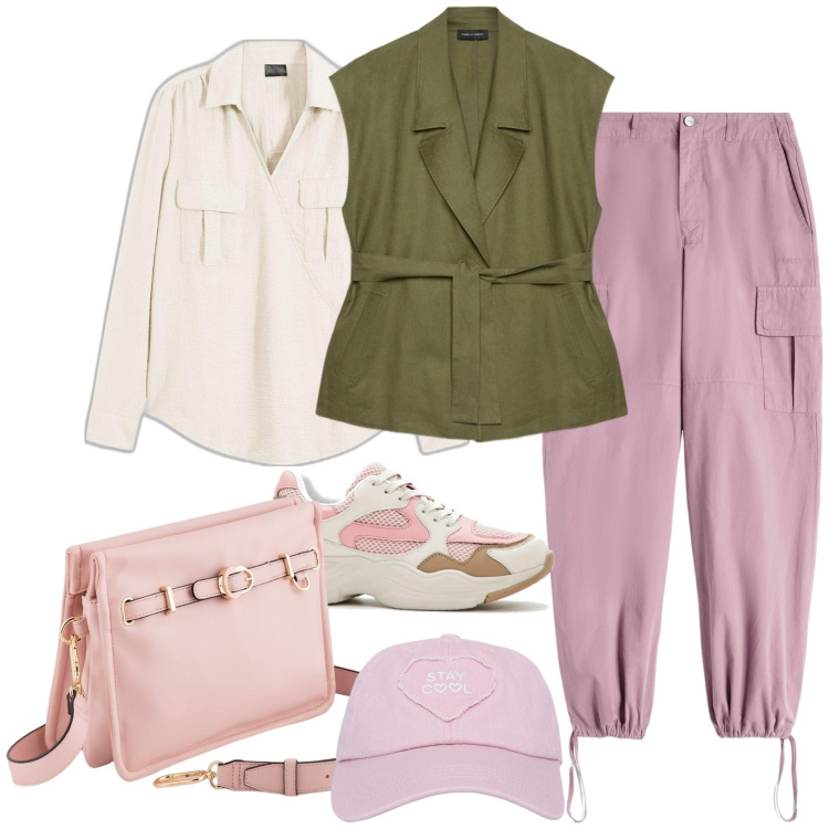 Outfit donna - Utility soft. Stile Casual per Tutti i giorni. Abbinamento con sneakers, bluse, cappelli, pantaloni cargo, blazer, borse a tracolla.