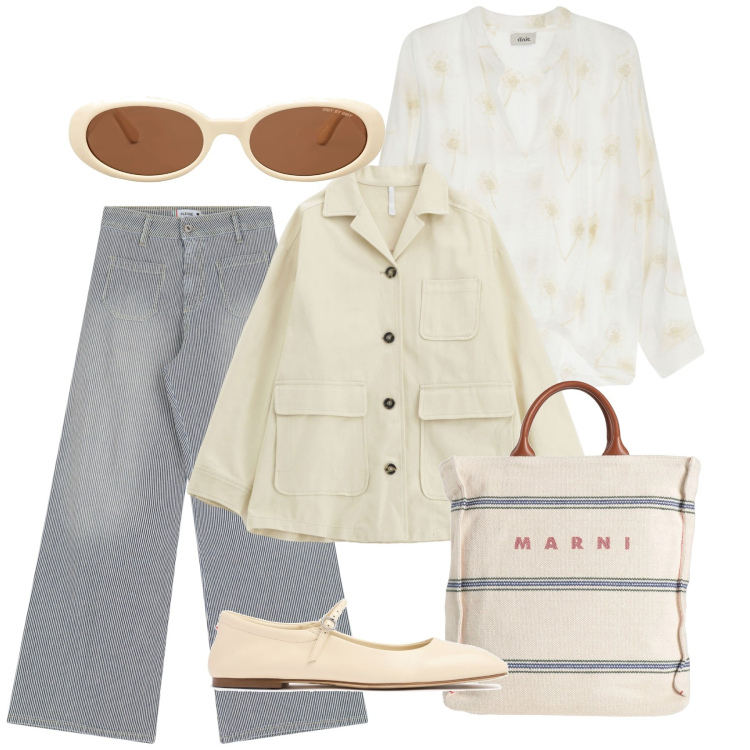 Outfit donna - Burro e polvere. Stile Casual chic per Tutti i giorni. Abbinamento con borse a mano, jeans a zampa, cappotti, camicie, occhiali da sole, sandali in pelle.