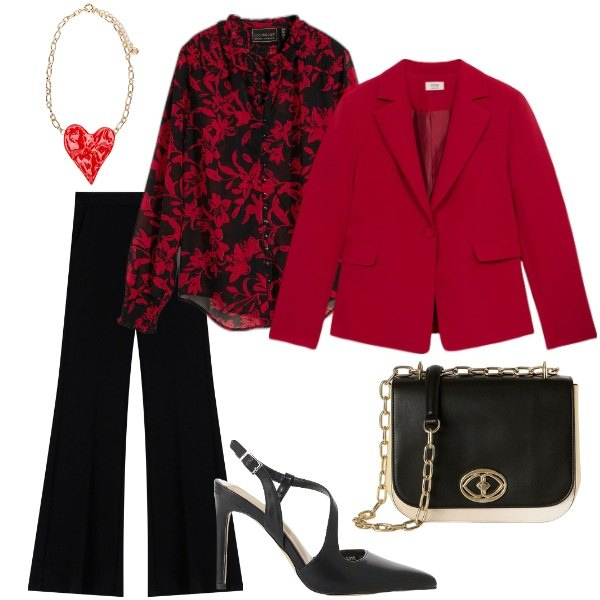 Outfit donna - A cena fuori. Stile Casual chic per Tutti i giorni. Abbinamento con camicie, décolleté, pantaloni, blazer, ciondoli, borse a tracolla.