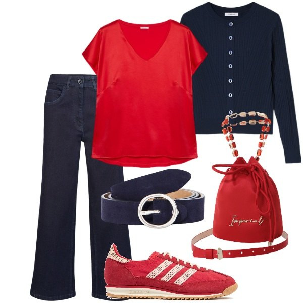Outfit donna - Passeggiando al parco. Stile Casual chic per Tutti i giorni. Abbinamento con borse a secchiello, cinture, t-shirt, pantaloni, cardigans, sneakers.