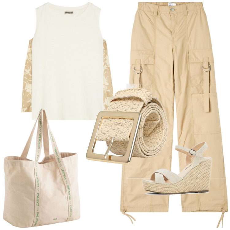 Outfit donna - Toni neutri. Stile Casual per Tutti i giorni. Abbinamento con sandali, pantaloni cargo, cinture, canottiere, shopping bag.