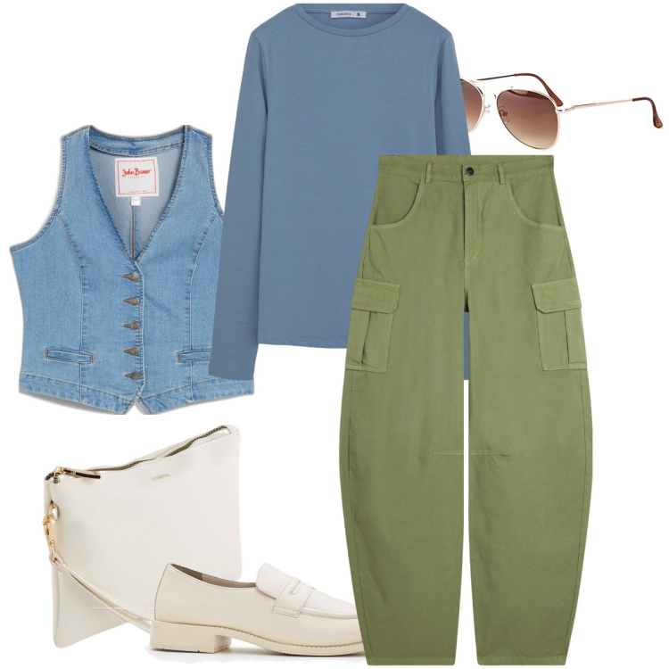 Outfit donna - Il nuovo minimalismo primaverile. Stile Minimal per Tutti i giorni. Abbinamento con gilet, occhiali da sole, mocassini, t-shirt, pantaloni cargo, pochette.