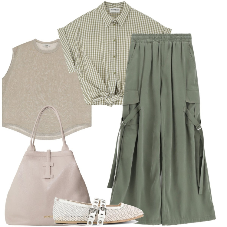 Outfit donna - Utility Soft. Stile Minimal per Tutti i giorni. Abbinamento con pantaloni cargo, borse tote, camicie, gilet, ballerine.