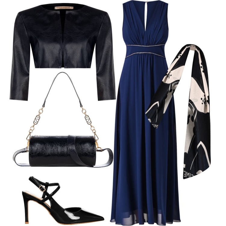 Outfit donna - L’abito blu navy. Stile Chic per Serata fuori. Abbinamento con vestiti lunghi, bolero, décolleté, borse a mano, sciarpe.