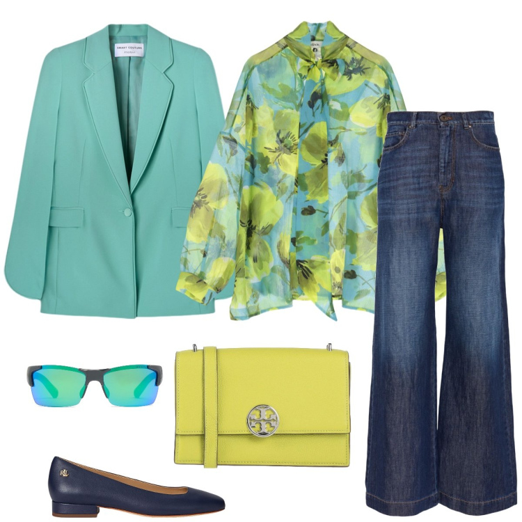 Outfit donna - Total look #2103375. Stile Casual chic per Scuola/Università. Abbinamento con borse a tracolla, bluse, ballerine, jeans, occhiali da sole, blazer.