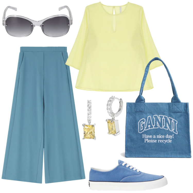 Outfit donna - Basic con tocchi trendy. Stile Casual per Tutti i giorni. look ideale per Tall. Abbinamento con orecchini, pantaloni, bluse, sneakers, occhiali da sole, shopping bag.