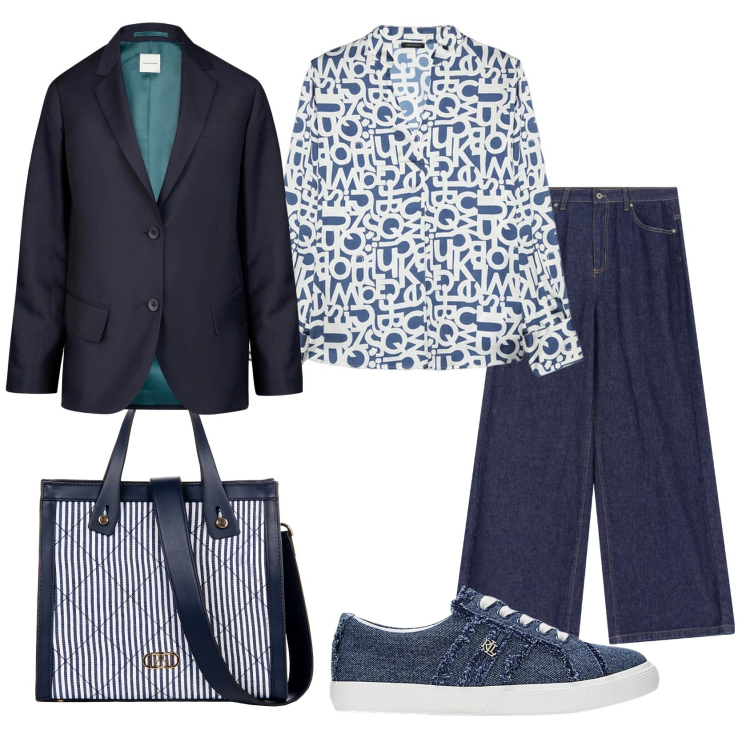 Outfit donna - Total look #2103378. Stile Casual chic per Ufficio. Abbinamento con shopping bag, jeans, sneakers, blazer, bluse.