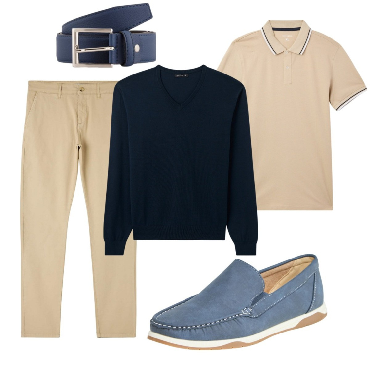 Outfit uomo - Total look #2103383. Stile Trendy per Tutti i giorni. Abbinamento con polo, pantaloni chino, scarpe stringate, maglieria, cinture.