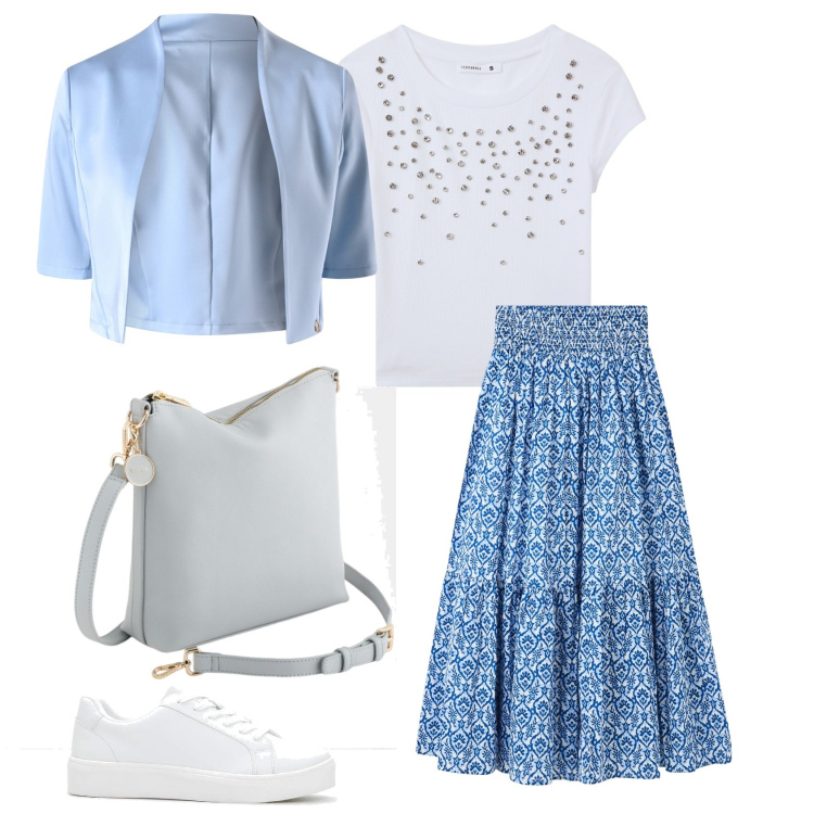 Outfit donna - Total look #2103384. Stile Casual chic per Tutti i giorni. Abbinamento con sneakers, gonne lunghe, t-shirt, bolero, borse a tracolla.