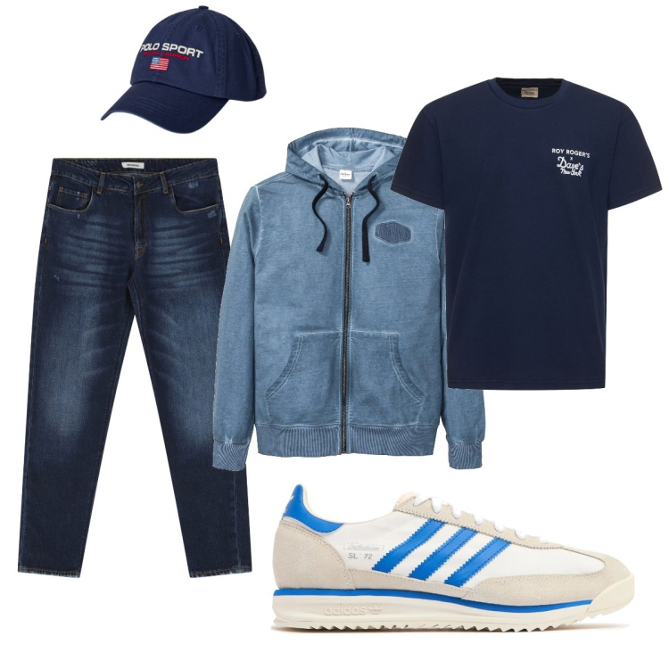 Outfit uomo - Total look #2103388. Stile Casual per Tutti i giorni. Abbinamento con felpe con cappuccio, jeans dritti, berretti, sneakers, t-shirt.