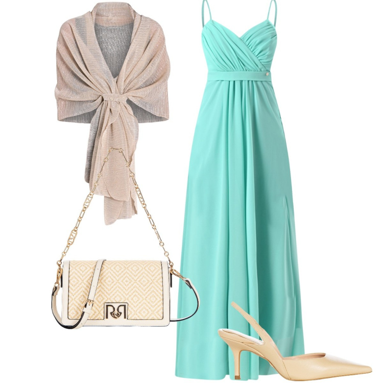 Outfit donna - Come il mare. Stile Chic per Cerimonia. Abbinamento con stole, décolleté, borse a tracolla, vestiti lunghi.