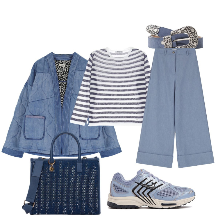 Outfit donna - In città. Stile Casual chic per Tutti i giorni. Abbinamento con maglieria, blazer, pantaloni a palazzo, cinture, sneakers, borse a mano.