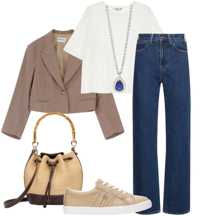 Outfit donna - Casual chic in primavera - @mikytwins. Stile Casual chic per Ufficio. Abbinamento con collane, t-shirt, blazer, sneakers, jeans dritti, borse a secchiello.