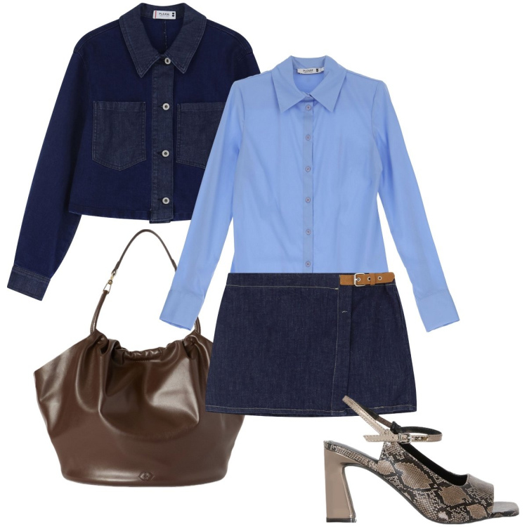 Outfit donna - Casual chic in primavera. Stile Casual chic per Serata fuori. Abbinamento con minigonne, camicie, blazer, borse a secchiello, sandali col tacco.