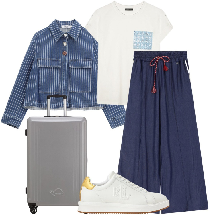 Outfit donna - Il giubbotto a righe. Stile Urban per Tutti i giorni. Abbinamento con blazer, pantaloni, sneakers, t-shirt, valigie.