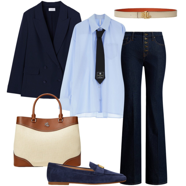 Outfit donna - Azzurro cielo - @angelbeautyeli. Stile Bon Ton per Ufficio. Abbinamento con camicie, cinture, mocassini, jeans, borse a mano, blazer.