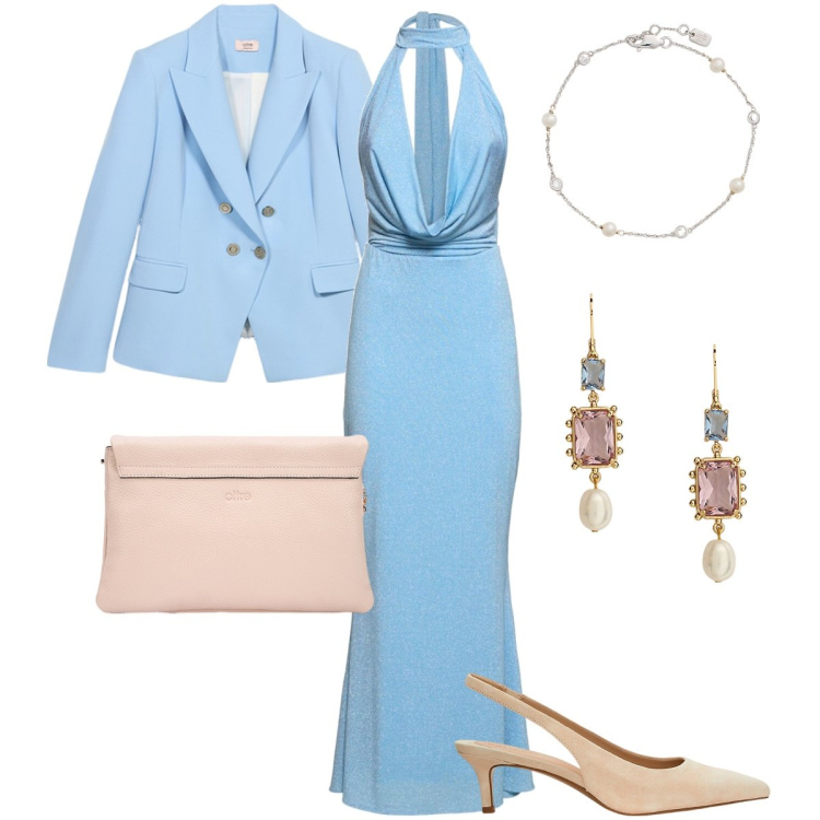 Outfit donna - Azzurro cielo. Stile Chic per Cerimonia. Abbinamento con décolleté, braccialetti, orecchini, vestiti lunghi, borse a tracolla, blazer.