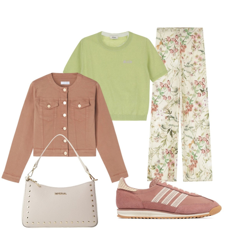Outfit donna - Pantaloni a fiori. Stile Casual chic per Tutti i giorni. Abbinamento con pantaloni, borse a spalla, maglieria, sneakers, blazer.