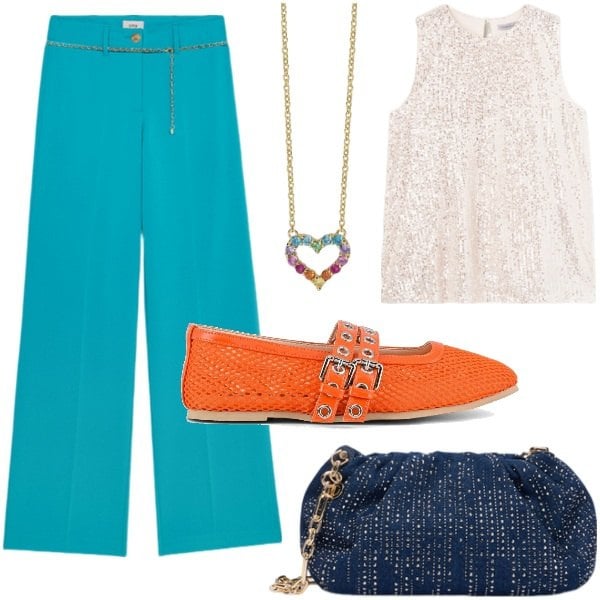 Outfit donna - Ballerine bon ton. Stile Glamour per Serata fuori. Abbinamento con collane, ballerine, top, pantaloni, clutch.