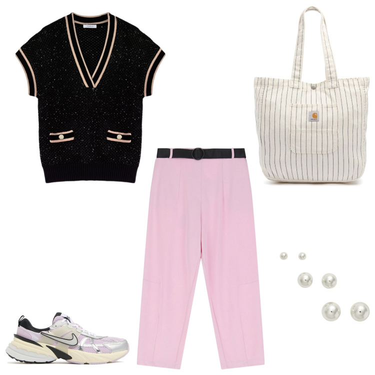 Outfit donna - Nicuzza. Stile Casual per Tutti i giorni. Abbinamento con pantaloni, orecchini, sneakers, maglieria, borse tote.