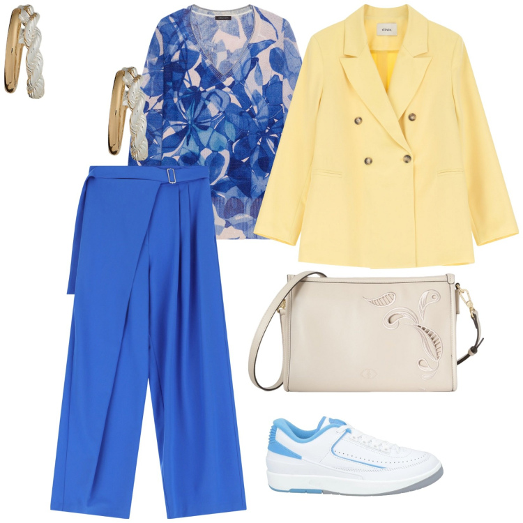 Outfit donna - Come una tela di van Gogh. per Tutti i giorni. Abbinamento con sneakers, pantaloni a palazzo, blazer, orecchini, maglieria, borse a tracolla.