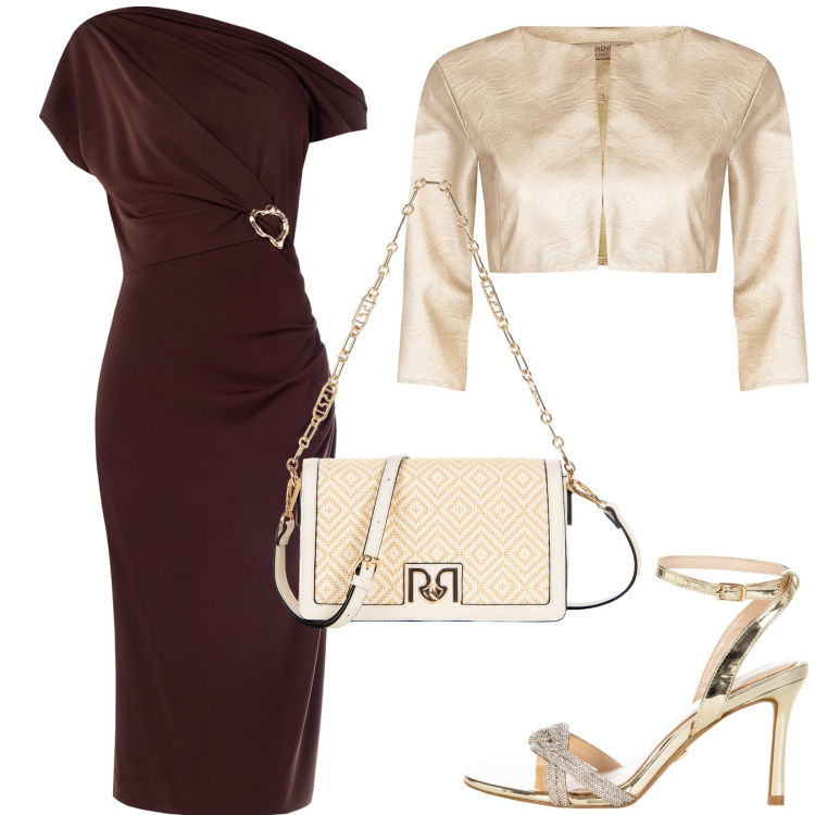 Outfit donna - Tubino avvitato. Stile Chic per Cerimonia. Abbinamento con bolero, vestiti, sandali col tacco, borse a tracolla.