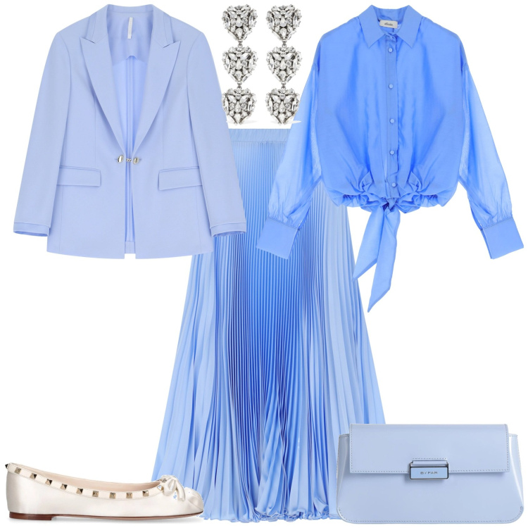 Outfit donna - Total look #2103449. Stile Bon Ton per Cerimonia. Abbinamento con borse a mano, gonne lunghe, blazer, camicie, orecchini, ballerine.