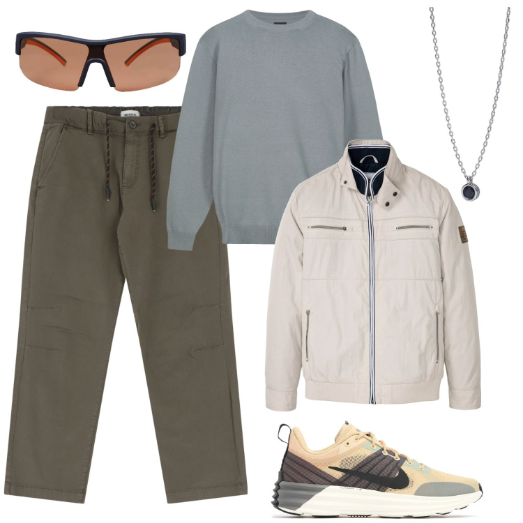 Outfit uomo - Primavera Urban. Stile Urban per Tutti i giorni. Abbinamento con giacche, occhiali da sole, collane, pantaloni, maglieria, sneakers.