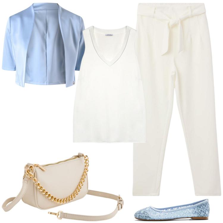 Outfit donna - Bolero azzurro. Stile Casual chic per Tutti i giorni. Abbinamento con ballerine, pantaloni chino, bolero, top, borse a tracolla.