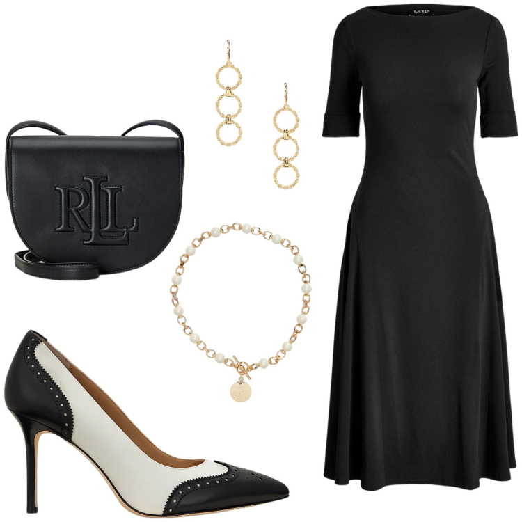 Outfit donna - Abito nero classico. Stile Glamour per Serata fuori. Abbinamento con collane, borse a tracolla, vestiti, orecchini, décolleté.