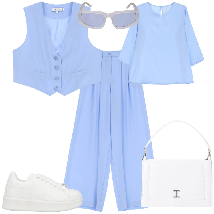 Outfit donna - Total look #2103460. Stile Sporty chic per Mare. Abbinamento con sneakers, pantaloni, gilet, bluse, borse a tracolla, occhiali da sole.