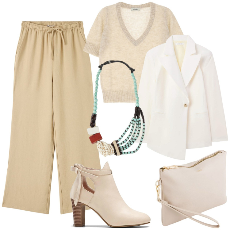 Outfit donna - Minimal chic. Stile Minimal per Tutti i giorni. Abbinamento con stivaletti, pantaloni, blazer, maglieria, collane, pochette.