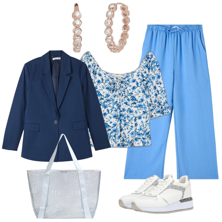 Outfit donna - Casual chic stile ideale in primavera. Stile Casual chic per Tutti i giorni. Abbinamento con bluse, pantaloni, blazer, shopping bag, orecchini, sneakers.
