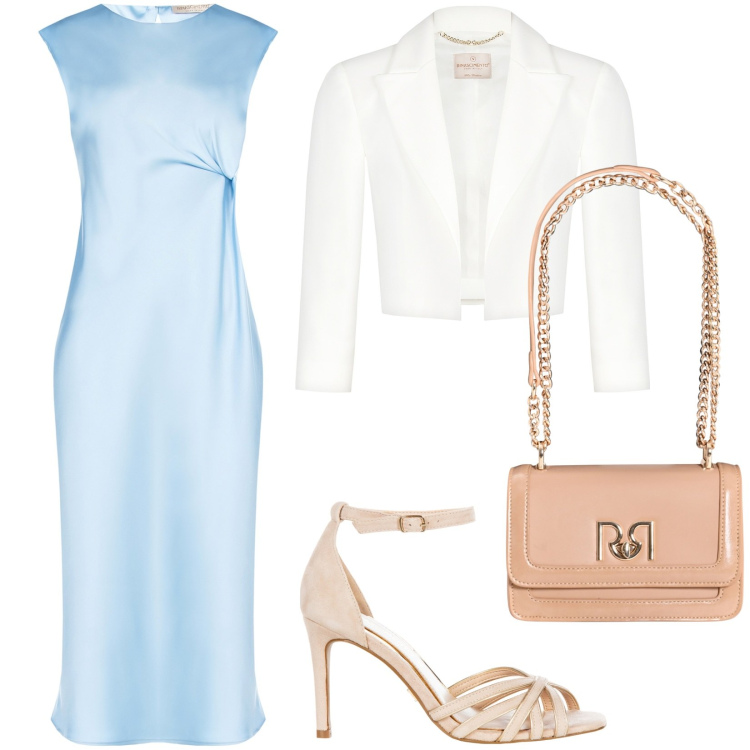 Outfit donna - Abito in raso celeste. Stile Chic per Cerimonia. Abbinamento con sandali col tacco, bolero, vestiti midi/longuette, borse a tracolla.
