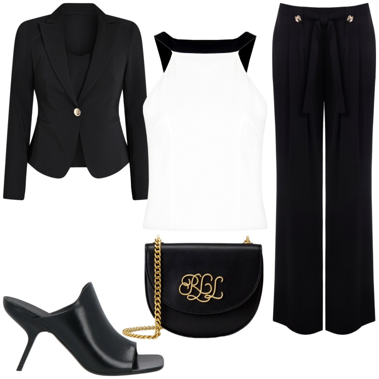 Outfit donna - Completo nero glamour. Stile Glamour per Serata fuori. Abbinamento con sandali in pelle, blazer, top, pantaloni, borse a tracolla.